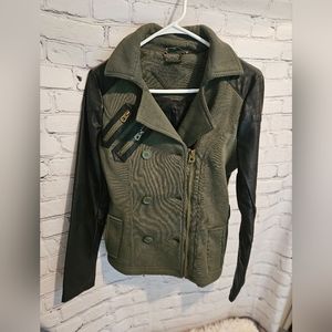 army jacket with faux leather sleeves